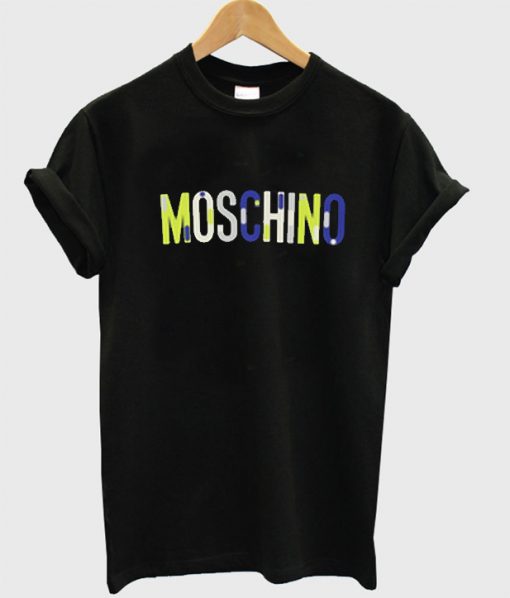 Black Moschino Top Blue And Yellow Logo T Shirt