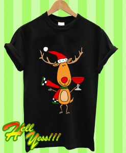 Funny Reindeer Drinking Wine Christmas Cartoon T Shirt