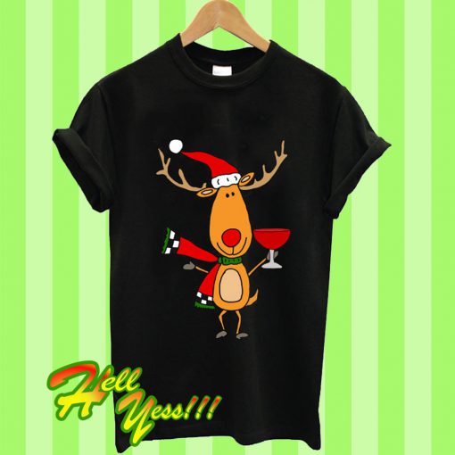 Funny Reindeer Drinking Wine Christmas Cartoon T Shirt