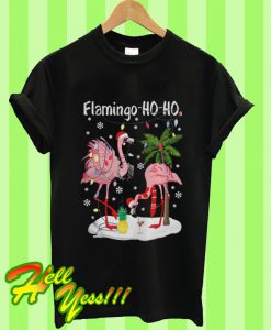 Merry Christmas Flamingo Ho Ho Glitter Print T Shirt