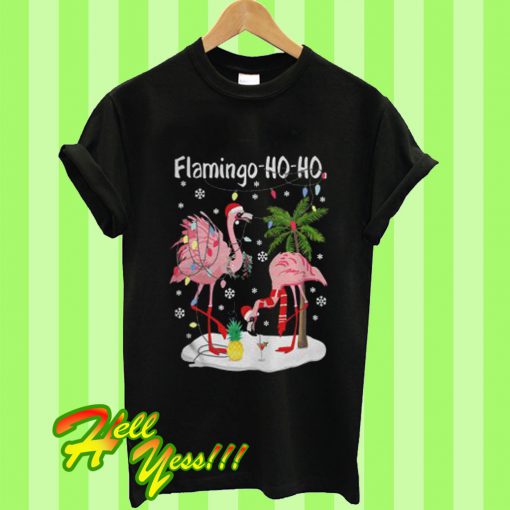 Merry Christmas Flamingo Ho Ho Glitter Print T Shirt