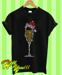 Christmas Wine Glass Gold Santa Hat Diamond Glitter T Shirt