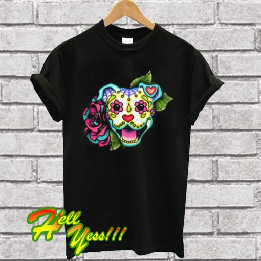 Smiling Pit Bull – Day of the Dead Pitbull Sugar Skull Dog T Shirt