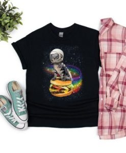 Astronaut Cat Rainbow Burger funny t shirt qn