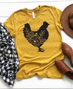 Chicken Silhouette with Flowers t shirt qn