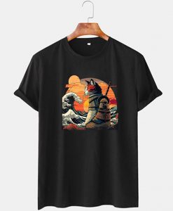 Retro samurai Cat With Wave T shirt