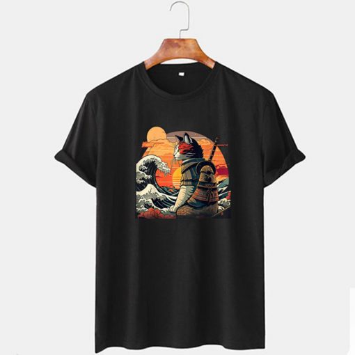 Retro samurai Cat With Wave T shirt